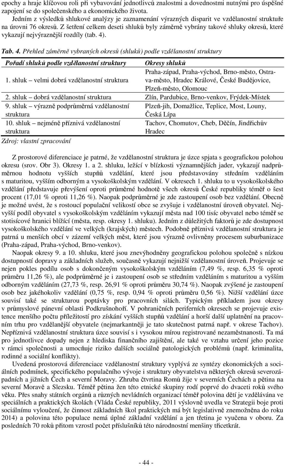 Z šetření celkem deseti shluků byly záměrně vybrány takové shluky okresů, které vykazují nejvýraznější rozdíly (tab. 4)