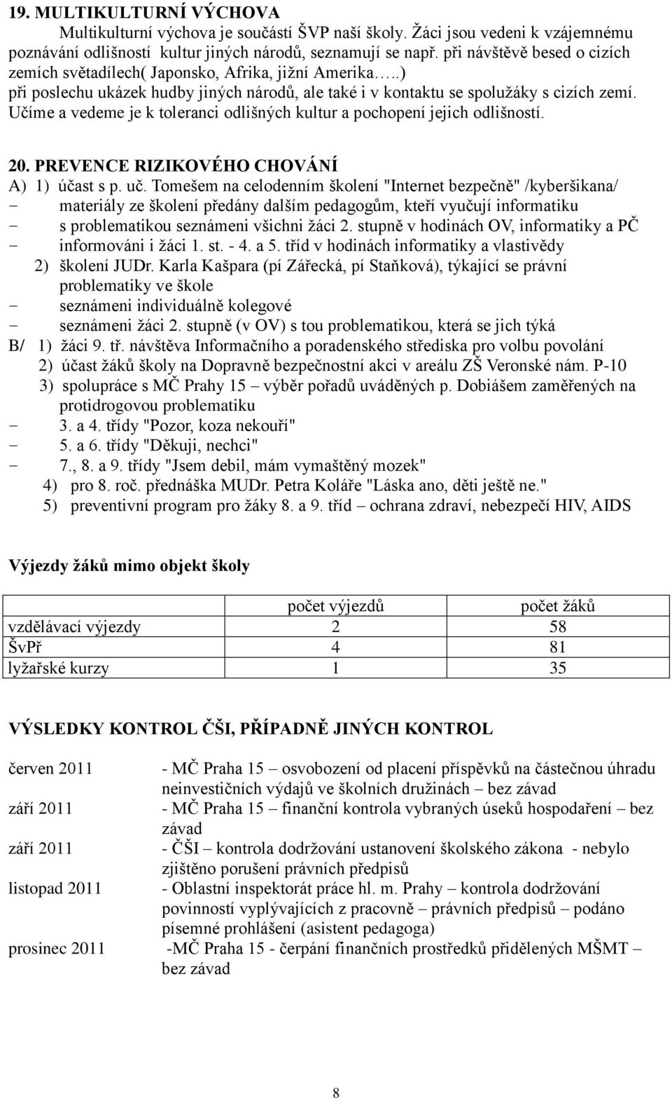 Učíme a vedeme je k toleranci odlišných kultur a pochopení jejich odlišností. 20. PREVENCE RIZIKOVÉHO CHOVÁNÍ A) 1) účast s p. uč.