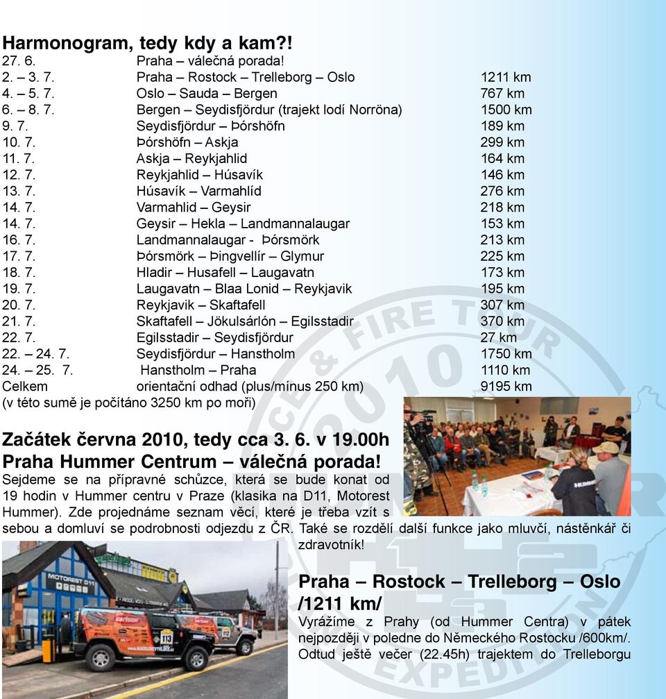 7. Landmannalaugar - Þórsmörk 213 km 17. 7. Þórsmörk Þingvellír Glymur 225 km 18. 7. Hladir Husafell Laugavatn 173 km 19. 7. Laugavatn Blaa Lonid Reykjavik 195 km 20. 7. Reykjavik Skaftafell 307 km 21.