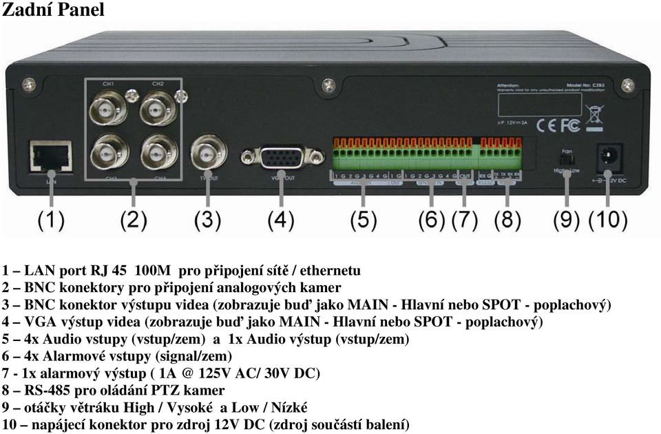 poplachový) 5 4x Audio vstupy (vstup/zem) a 1x Audio výstup (vstup/zem) 6 4x Alarmové vstupy (signal/zem) 7-1x alarmový výstup ( 1A @ 125V