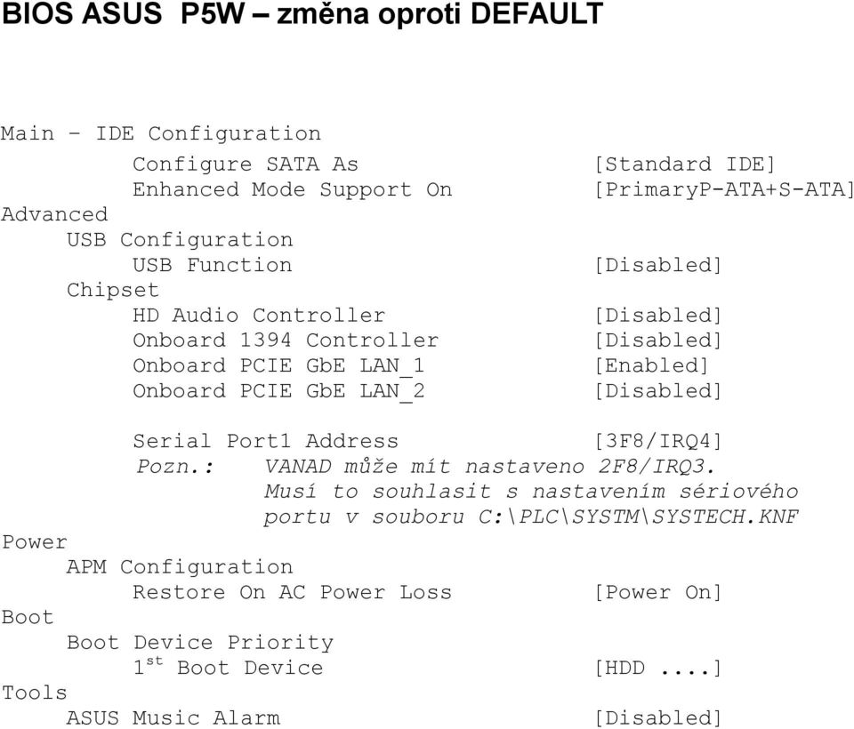 Serial Port1 Address Pozn.: Power APM Configuration [3F8/IRQ4] VANAD může mít nastaveno 2F8/IRQ3.