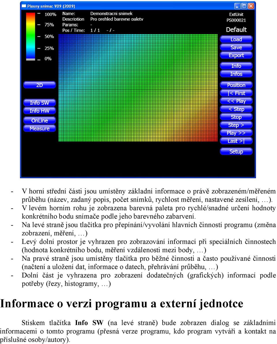 - Na levé straně jsou tlačítka pro přepínání/vyvolání hlavních činností programu (změna zobrazení, měření, ) - Levý dolní prostor je vyhrazen pro zobrazování informací při speciálních činnostech