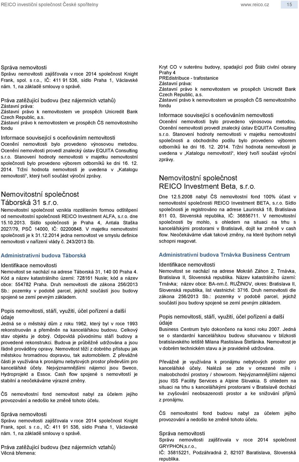 Ocenění nemovitosti provedl znalecký ústav EQUITA Consulting s.r.o. Stanovení hodnoty nemovitosti v majetku nemovitostní společnosti bylo provedeno výborem odborníků ke dni 16. 12. 2014.