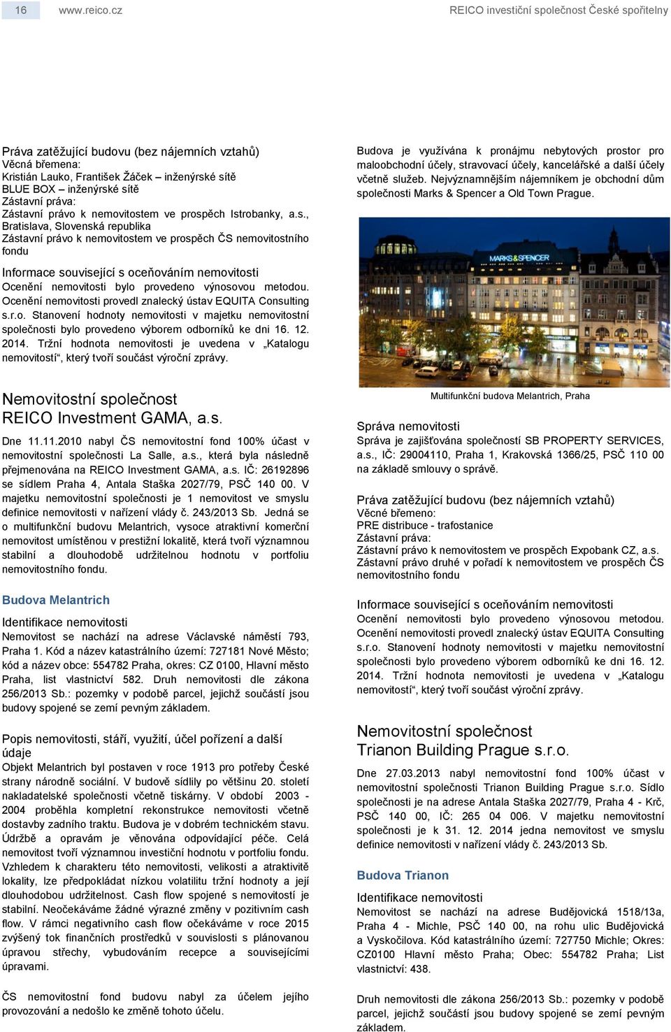 Zástavní právo k nemovitostem ve prospěch Istrobanky, a.s., Bratislava, Slovenská republika Zástavní právo k nemovitostem ve prospěch ČS nemovitostního fondu Budova je využívána k pronájmu nebytových