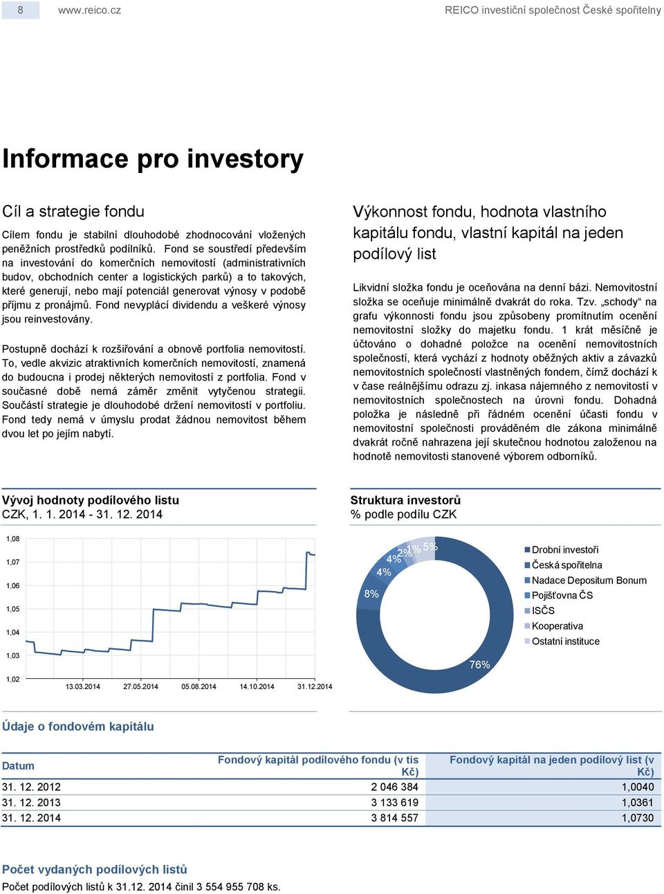 výnosy v podobě příjmu z pronájmů. Fond nevyplácí dividendu a veškeré výnosy jsou reinvestovány. Postupně dochází k rozšiřování a obnově portfolia nemovitostí.