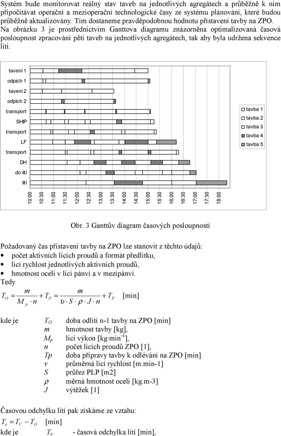 Na obrázku 3 je prostřednictvím Ganttova diagramu znázorněna optimalizovaná časová posloupnost zpracování pěti taveb na jednotlivých agregátech, tak aby byla udržena sekvence lití.