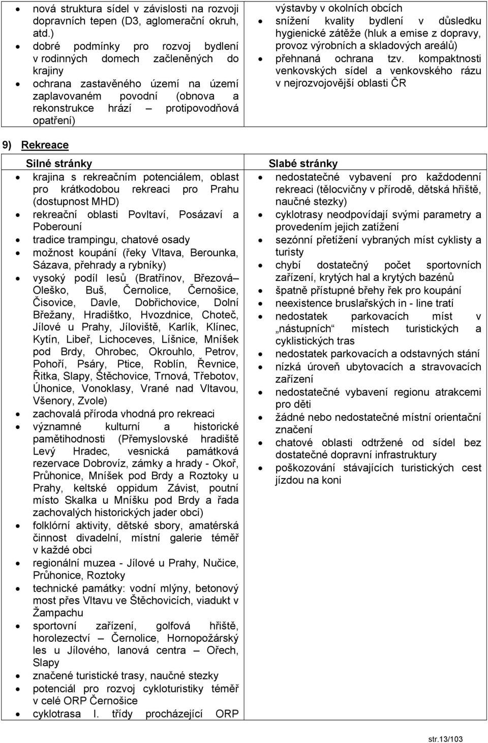 Silné stránky krajina s rekreačním potenciálem, oblast pro krátkodobou rekreaci pro Prahu (dostupnost MHD) rekreační oblasti Povltaví, Posázaví a Poberouní tradice trampingu, chatové osady možnost