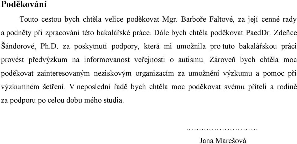 Zároveň bych chtěla moc poděkovat zainteresovaným neziskovým organizacím za umožnění výzkumu a pomoc při výzkumném šetření.