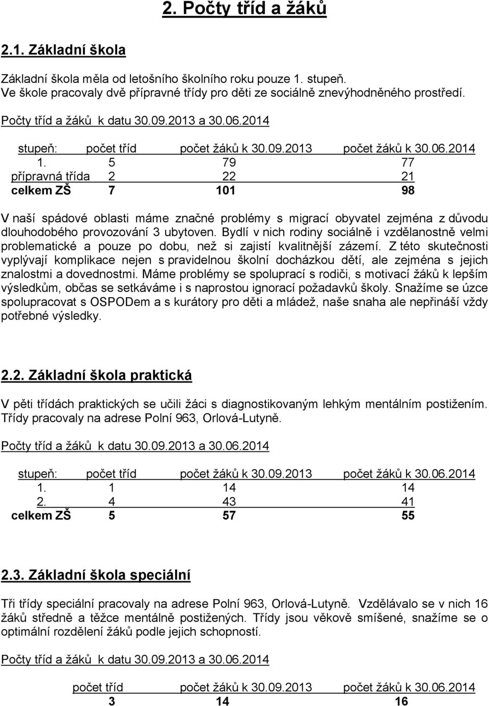 5 79 77 přípravná třída 2 22 21 celkem ZŠ 7 101 98 V naší spádové oblasti máme značné problémy s migrací obyvatel zejména z důvodu dlouhodobého provozování 3 ubytoven.