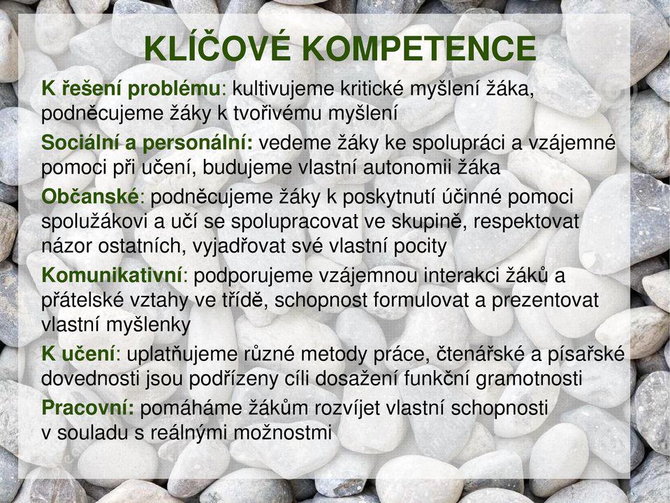 vyjadřovat své vlastní pocity Komunikativní: podporujeme vzájemnou interakci žáků a přátelské vztahy ve třídě, schopnost formulovat a prezentovat vlastní myšlenky K učení: