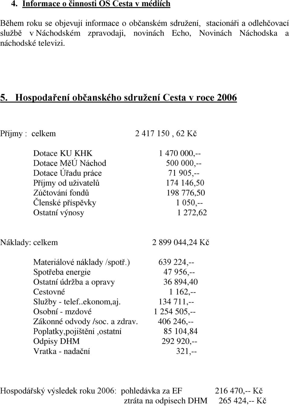 Hospodaření občanského sdružení Cesta v roce 2006 Příjmy : celkem 2 417 150, 62 Kč Dotace KU KHK 1 470 000,-- Dotace MěÚ Náchod 500 000,-- Dotace Úřadu práce 71 905,-- Příjmy od uživatelů 174 146,50