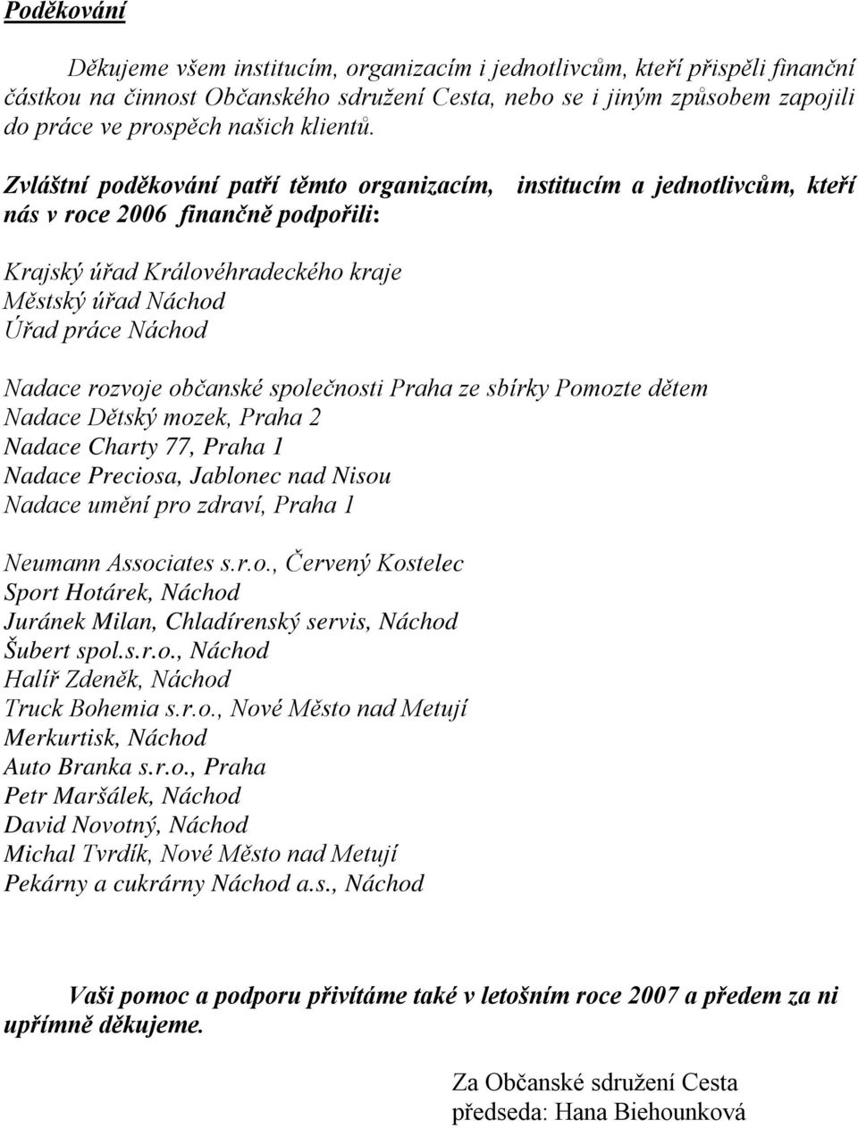 Zvláštní poděkování patří těmto organizacím, institucím a jednotlivcům, kteří nás v roce 2006 finančně podpořili: Krajský úřad Královéhradeckého kraje Městský úřad Náchod Úřad práce Náchod Nadace