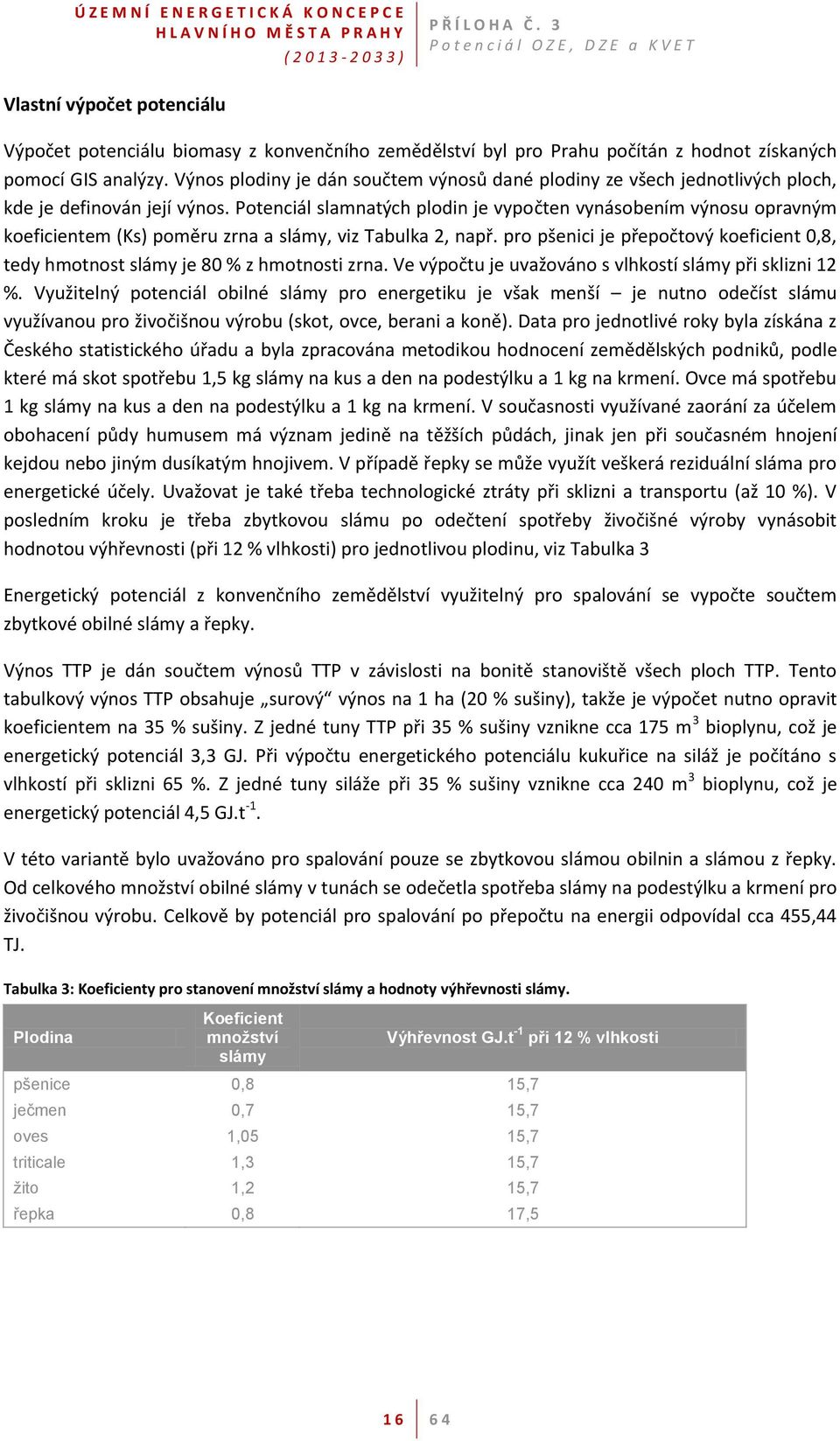 Potenciál slamnatých plodin je vypočten vynásobením výnosu opravným koeficientem (Ks) poměru zrna a slámy, viz Tabulka 2, např.