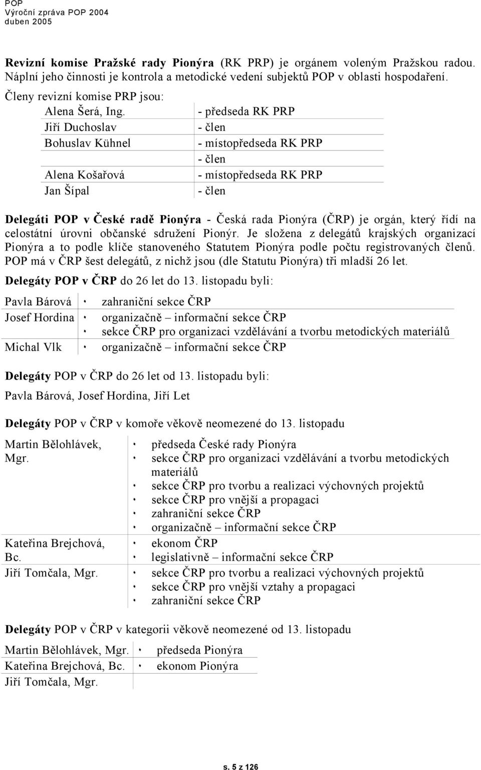 Jiří Duchoslav Bohuslav Kühnel Alena Košařová Jan Šípal - předseda RK PRP - člen - místopředseda RK PRP - člen - místopředseda RK PRP - člen Delegáti POP v České radě Pionýra - Česká rada Pionýra