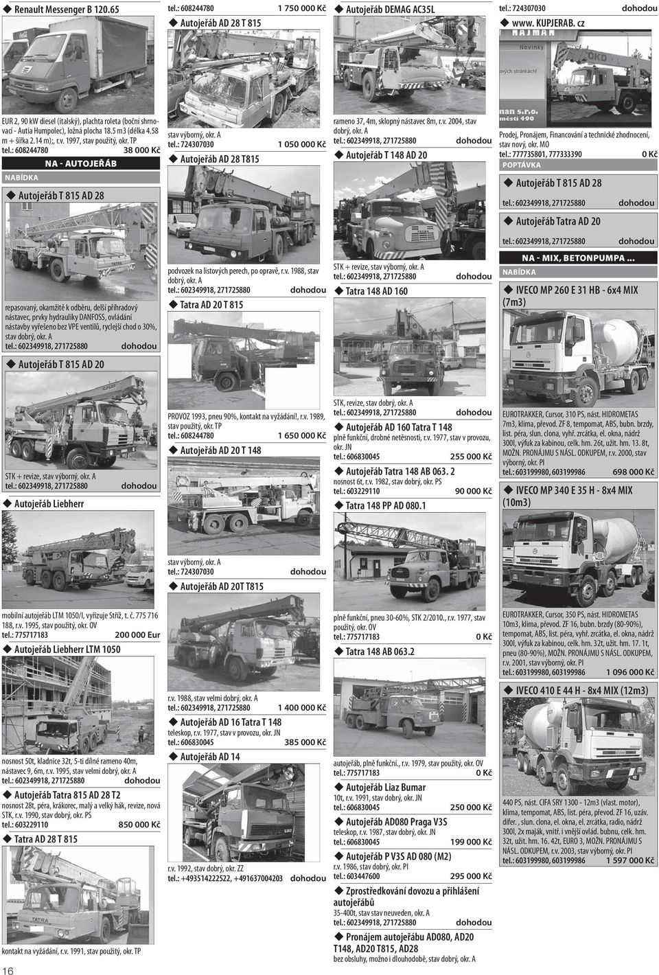 TP 38 00 NA - AUTOJEŘÁB Autojeřáb T 815 AD 28 stav výborný, okr. A tel.: 724307030 Autojeřáb AD 28 T815 rameno 37, 4m, sklopný nástavec 8m, r.v. 2004, stav dobrý, okr. A 1 050 00 tel.