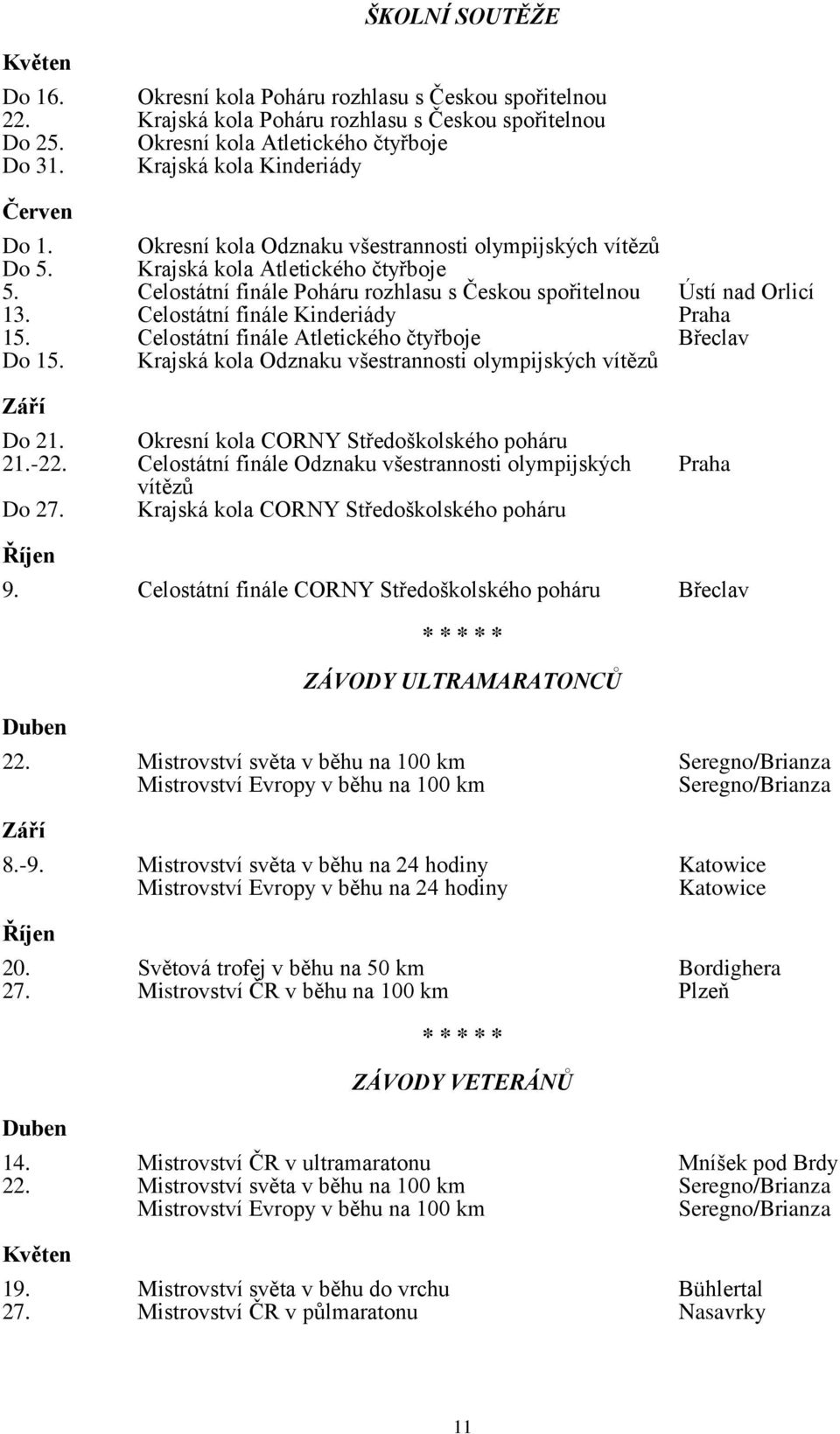 Celostátní finále Poháru rozhlasu s Českou spořitelnou Ústí nad Orlicí 13. Celostátní finále Kinderiády Praha 15. Celostátní finále Atletického čtyřboje Břeclav Do 15.