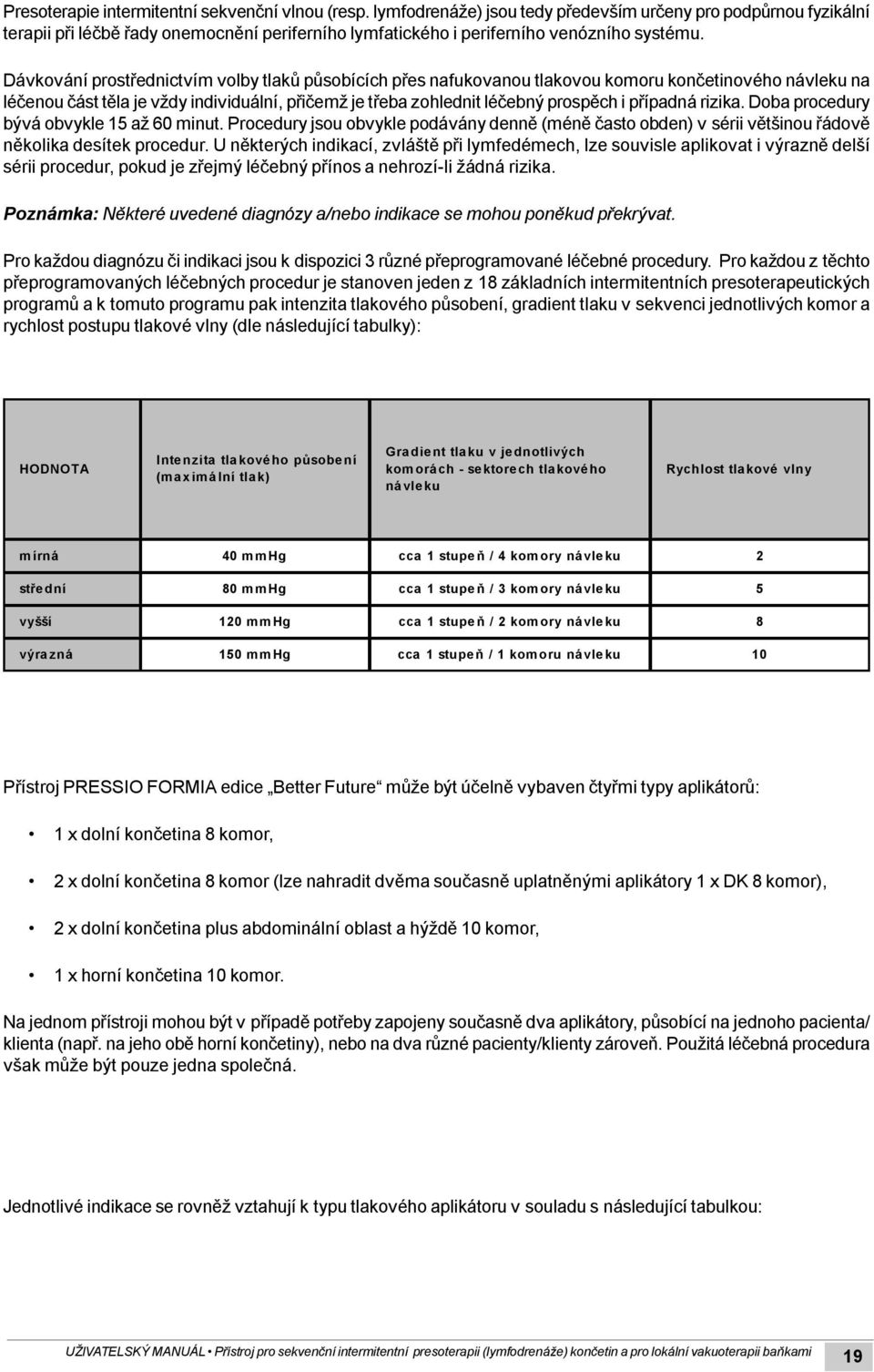Dávkování prostřednictvím volby tlaků působících přes nafukovanou tlakovou komoru končetinového návleku na léčenou část těla je vždy individuální, přičemž je třeba zohlednit léčebný prospěch i