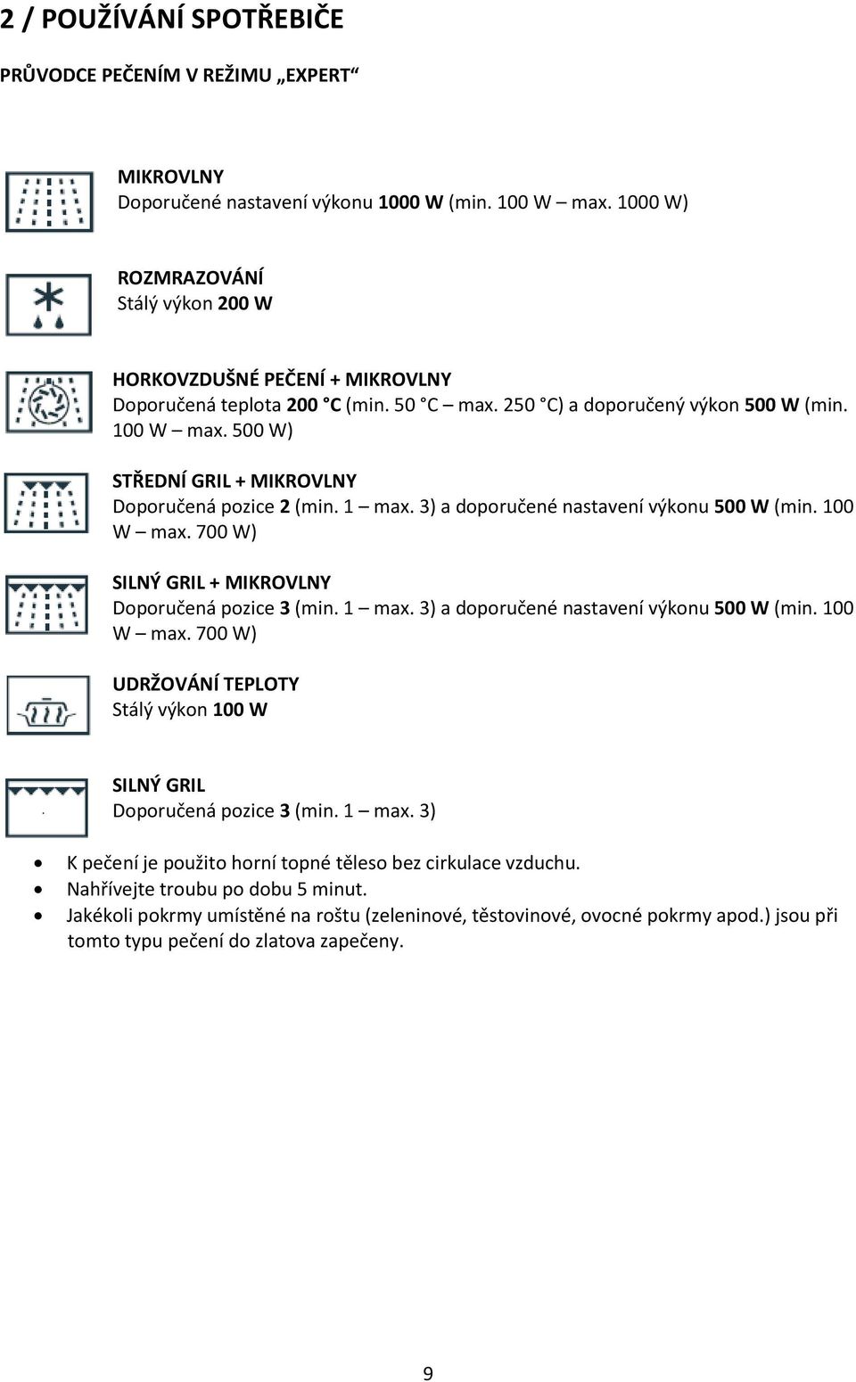 1 max. 3) a doporučené nastavení výkonu 500 W (min. 100 W max. 700 W) UDRŽOVÁNÍ TEPLOTY Stálý výkon 100 W SILNÝ GRIL Doporučená pozice 3 (min. 1 max.