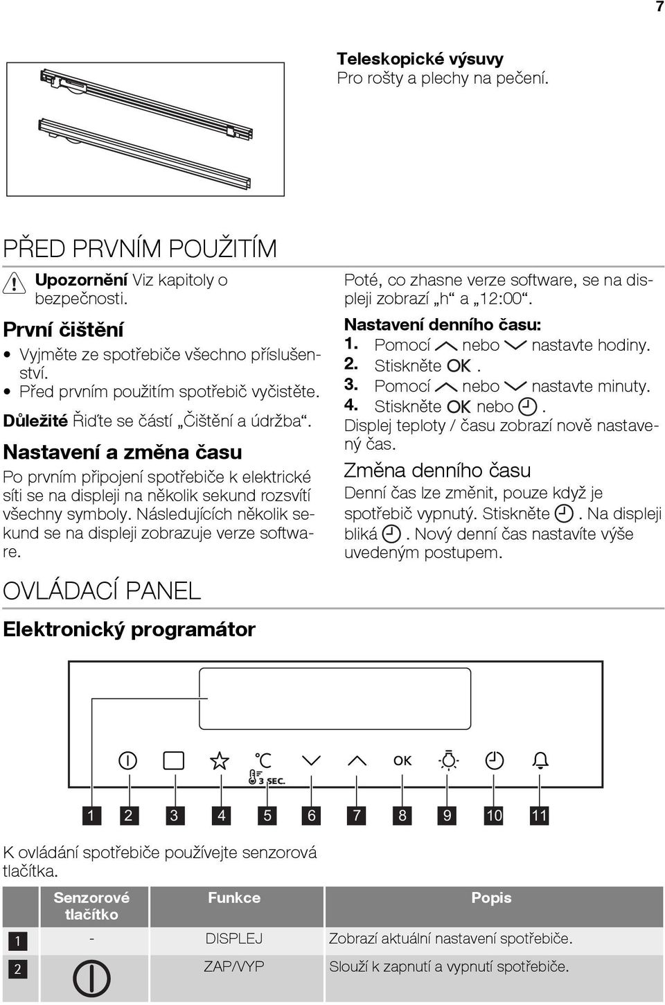 Nastavení a změna času Po prvním připojení spotřebiče k elektrické síti se na displeji na několik sekund rozsvítí všechny symboly. Následujících několik sekund se na displeji zobrazuje verze software.