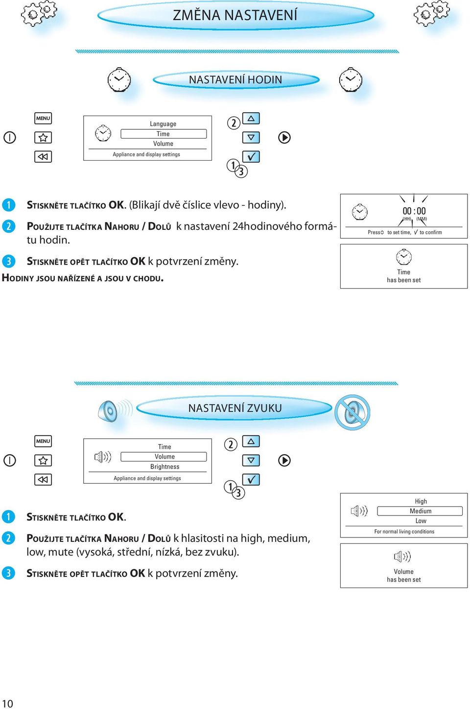 00 : 00 (HH) (MM) ^^ Press to set time, to confirm Time has been set NASTAVENÍ ZVUKU STISKNĚTE TLAČÍTKO OK.