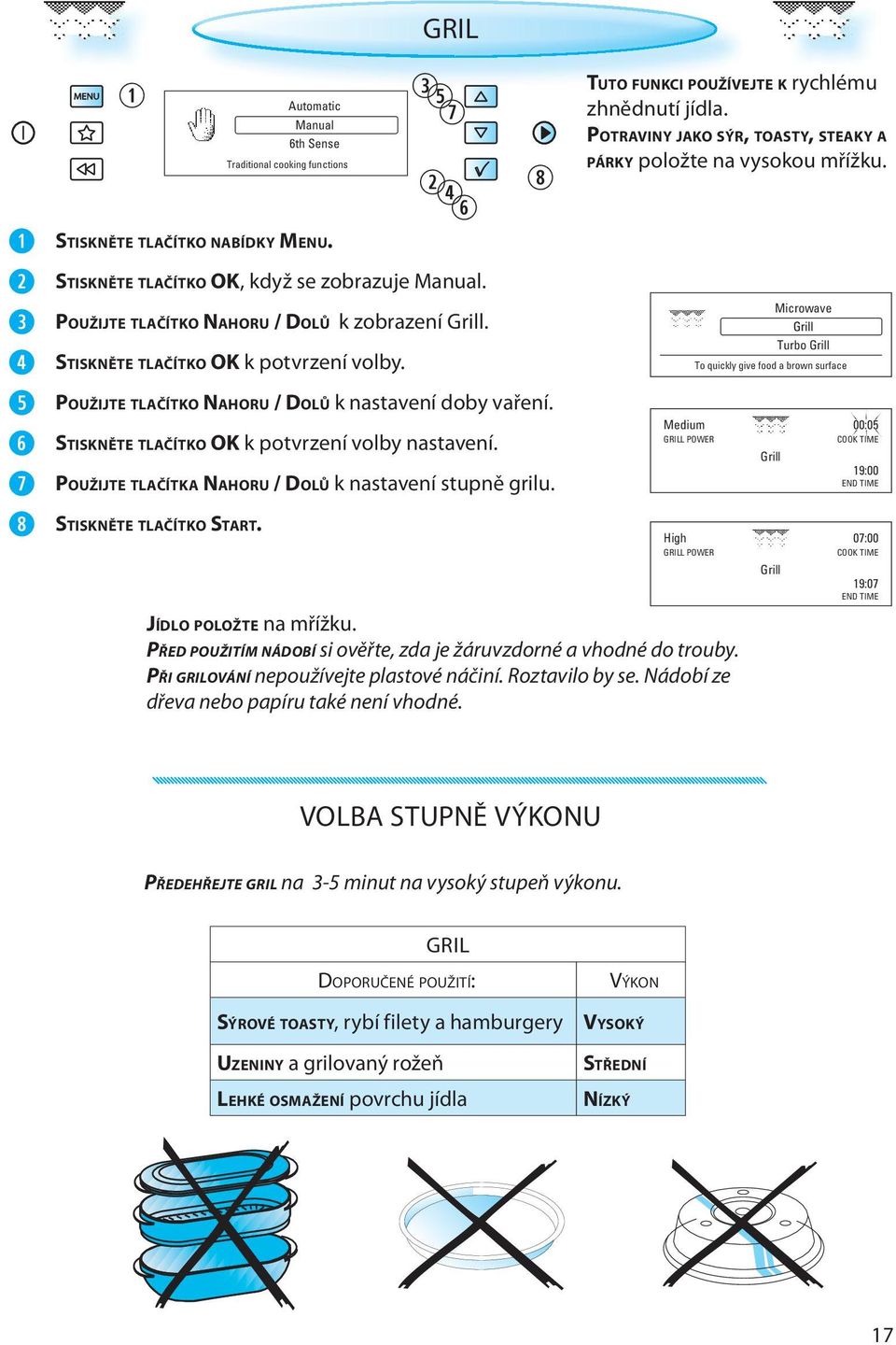 TUTO FUNKCI POUŽÍVEJTE K rychlému zhnědnutí jídla. POTRAVINY JAKO SÝR, TOASTY, STEAKY A PÁRKY položte na vysokou mřížku. JÍDLO POLOŽTE na mřížku.