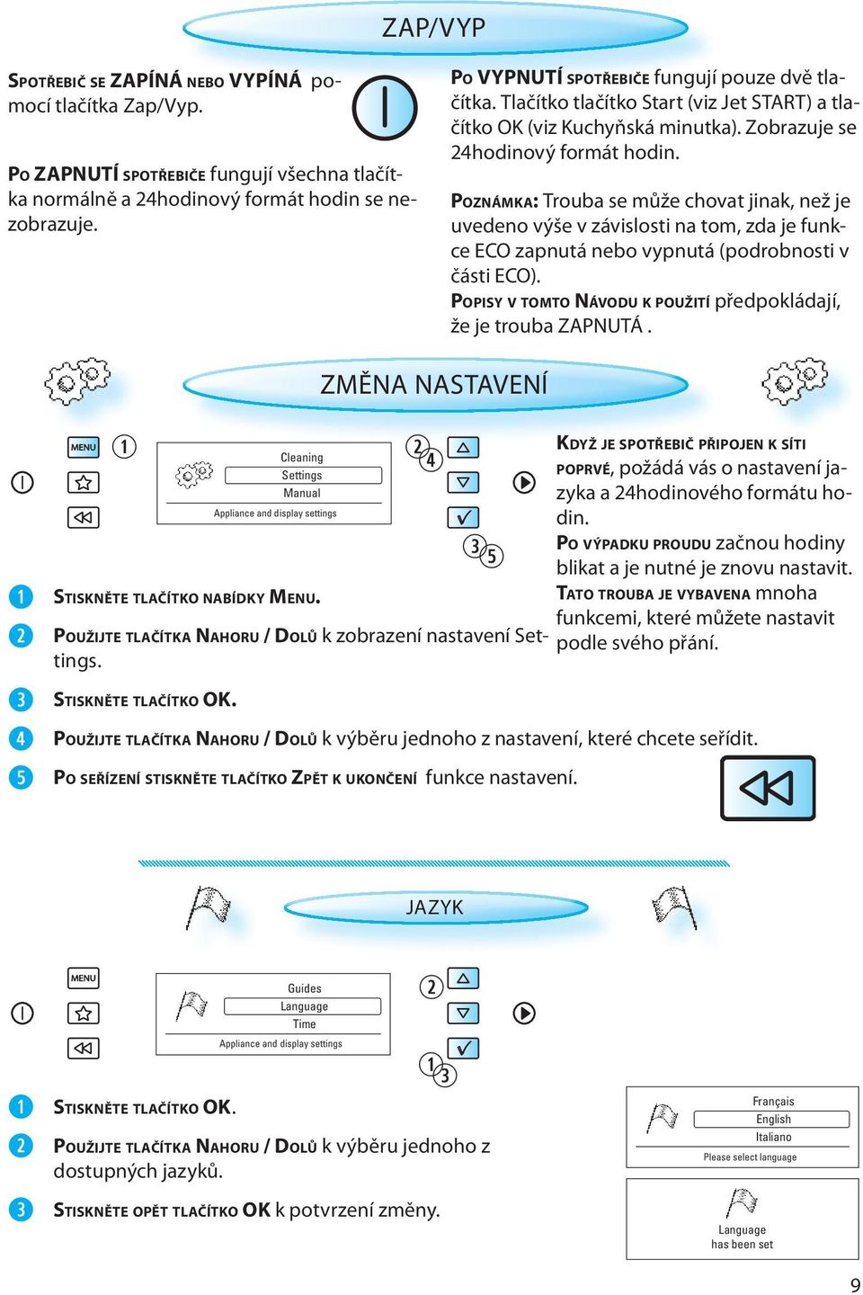 POZNÁMKA: Trouba se může chovat jinak, než je uvedeno výše v závislosti na tom, zda je funkce ECO zapnutá nebo vypnutá (podrobnosti v části ECO).