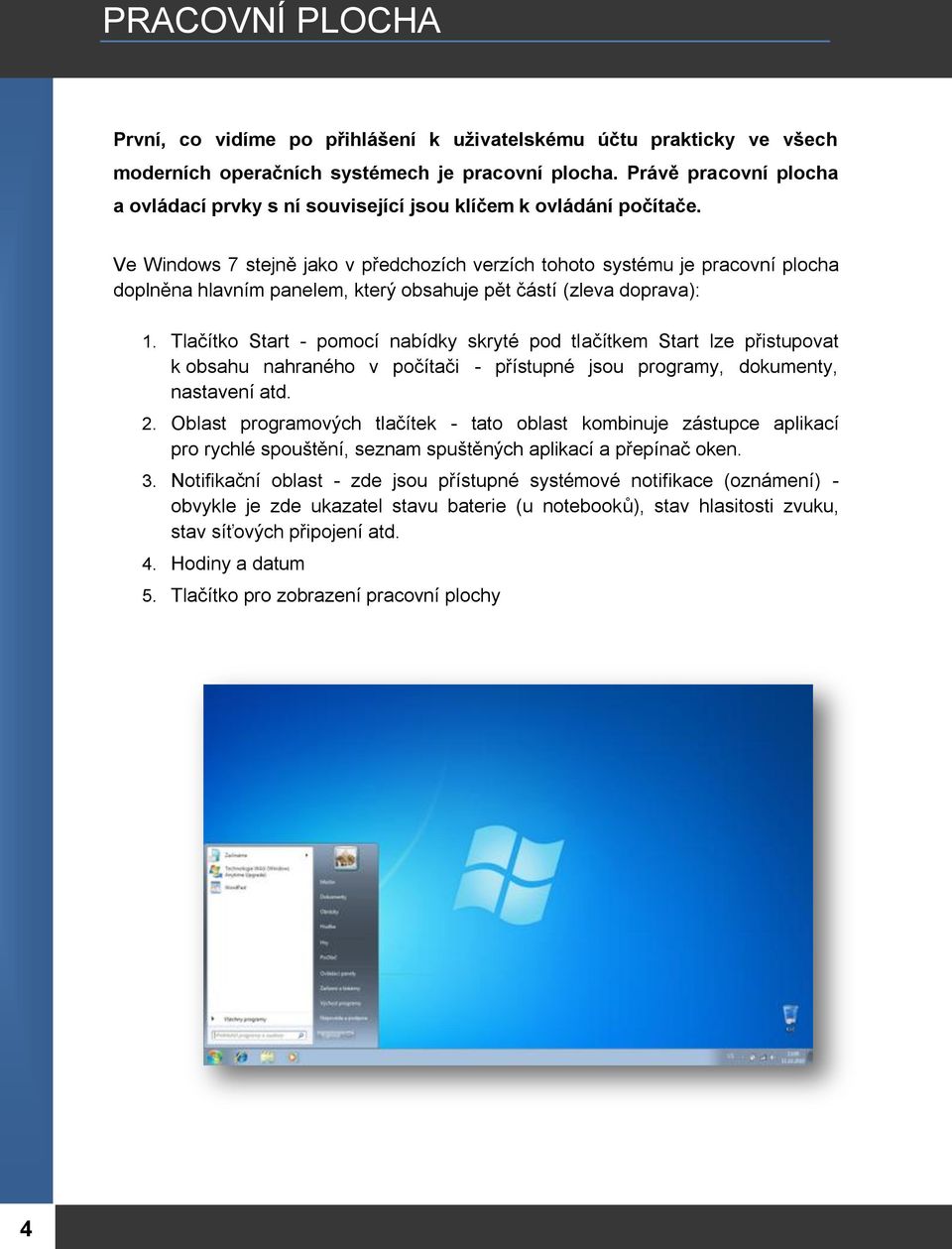 Ve Windows 7 stejně jako v předchozích verzích tohoto systému je pracovní plocha doplněna hlavním panelem, který obsahuje pět částí (zleva doprava): 1.