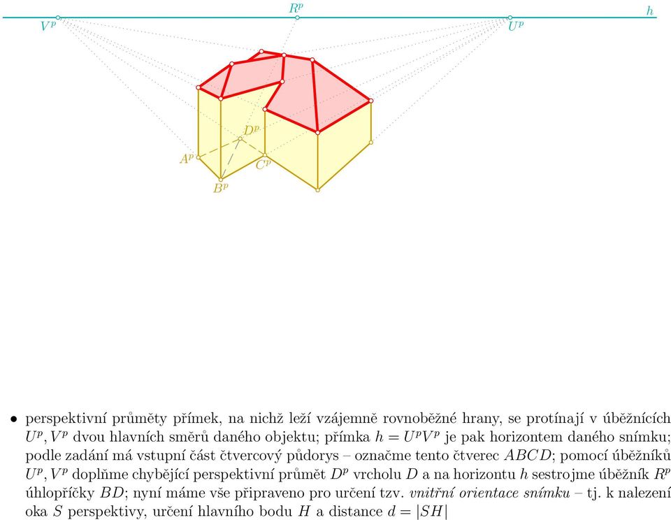 ABCD; pomocí úběžníků, oplňme cybějící perspektivní průmět vrcolu D a na orizontu sestrojme úběžník úlopříčky BD; nyní