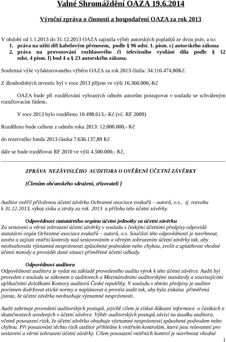 f) bod 4 a 23 autorského zákona. Souhrnná výše vyfakturovaného výběru OAZA za rok 2013 činila: 34.116.474,80Kč. Z dlouhodobých investic byl v roce 2013 příjem ve výši 16.360.