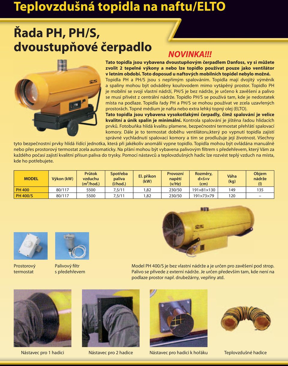 Toto doposud u naftových mobilních topidel nebylo možné. Topidla PH a PH/S jsou s nepřímým spalováním. Topidla mají dvojitý výměník a spaliny mohou být odváděny kouřovodem mimo vytápěný prostor.