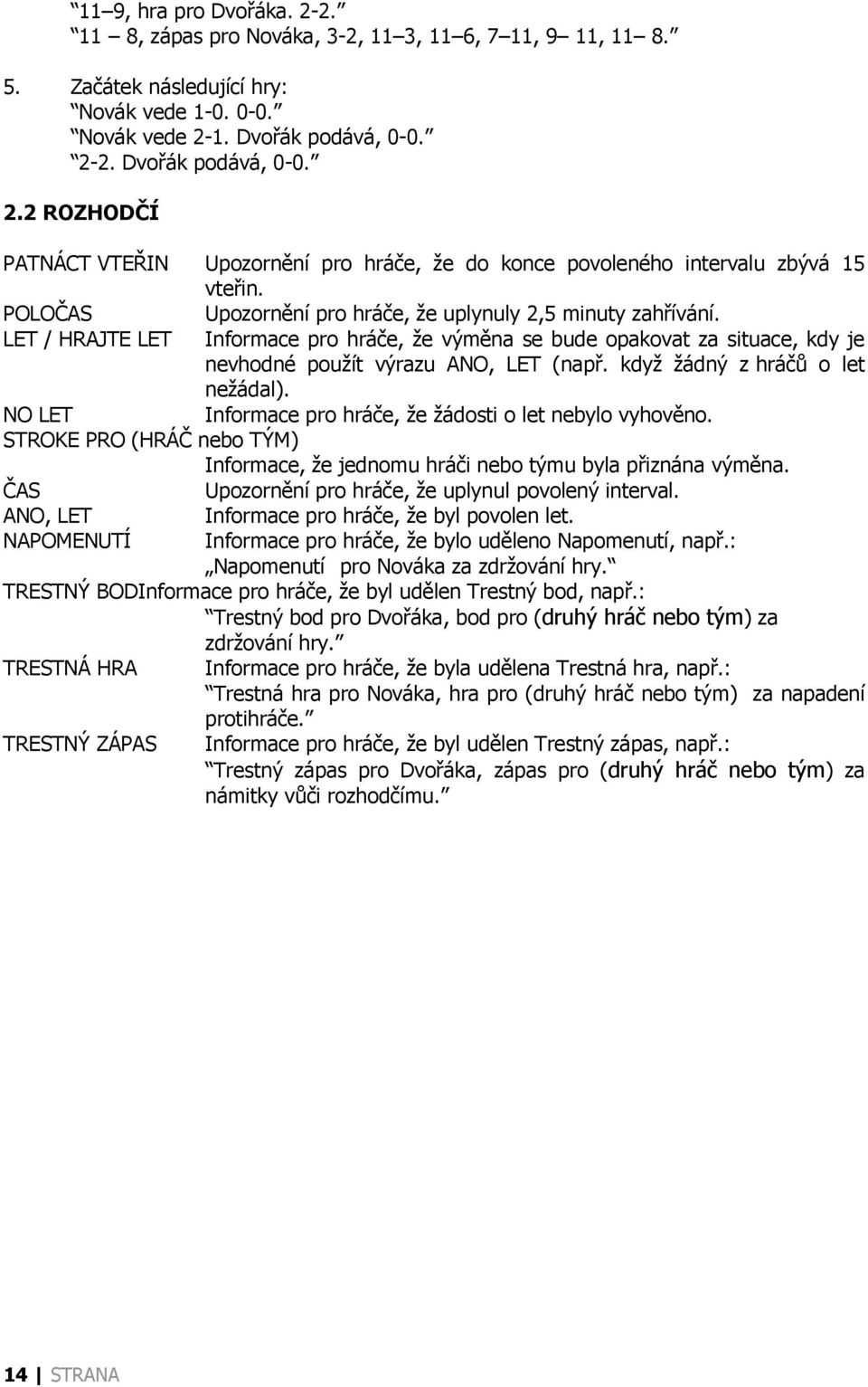 když žádný z hráčů o let nežádal). NO LET Informace pro hráče, že žádosti o let nebylo vyhověno. STROKE PRO (HRÁČ nebo TÝM) Informace, že jednomu hráči nebo týmu byla přiznána výměna.