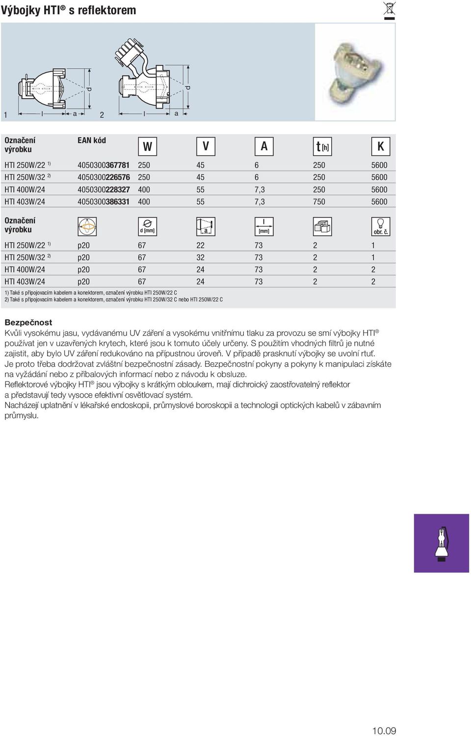 Tké s připojovcím kbeem konektorem, oznčení HTI 250W/32 C nebo HTI 250W/22 C Kvůi vysokému jsu, vyávnému UV záření vysokému vnitřnímu tku z provozu se smí výbojky HTI používt jen v uzvřených krytech,
