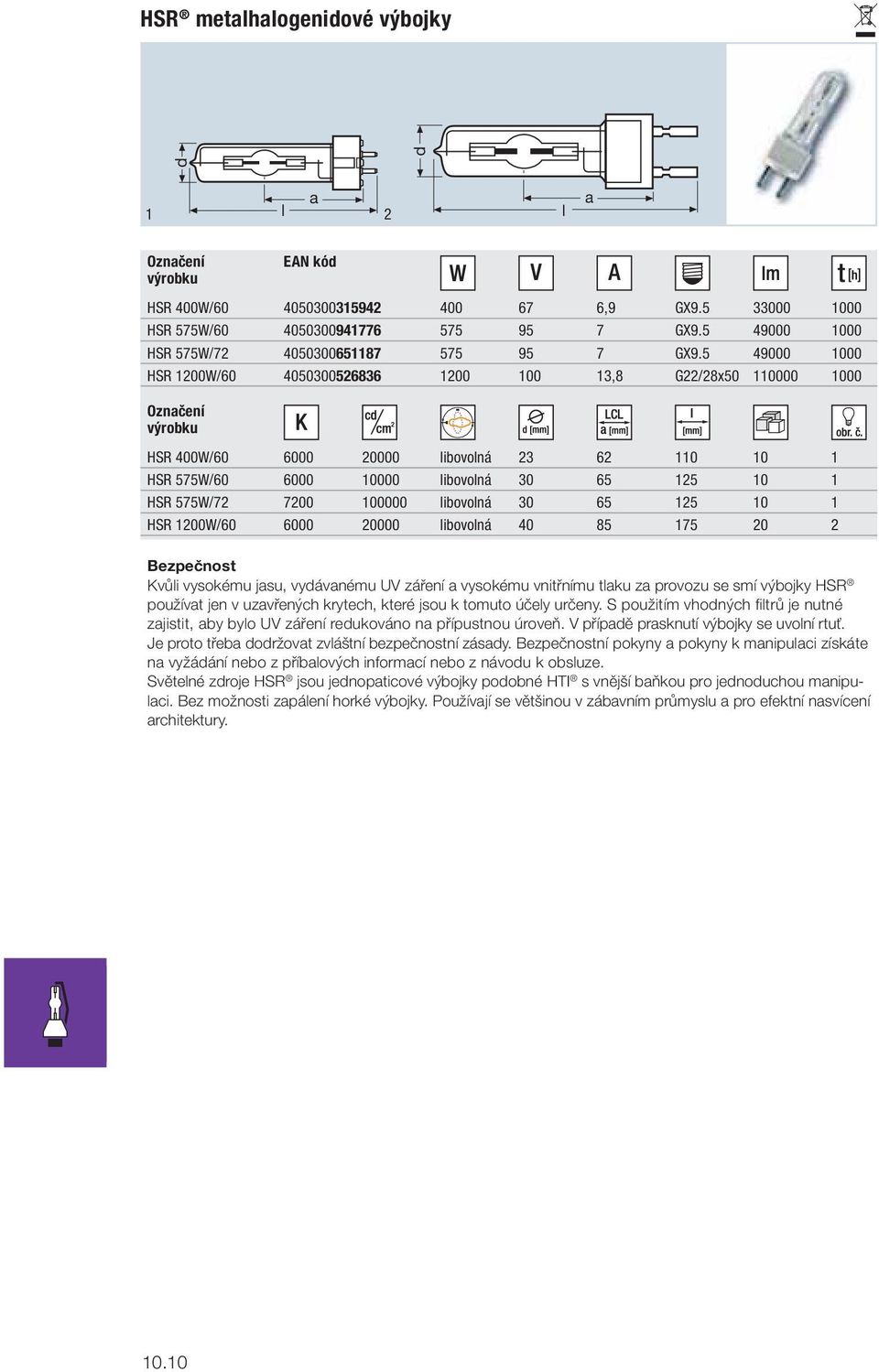 200W/60 6000 20000 ibovoná 40 85 75 20 2 Kvůi vysokému jsu, vyávnému UV záření vysokému vnitřnímu tku z provozu se smí výbojky HSR používt jen v uzvřených krytech, které jsou k tomuto účey určeny.