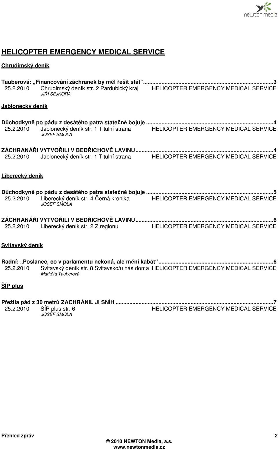 1 Titulní strana HELICOPTER EMERGENCY MEDICAL SERVICE JOSEF SMOLA ZÁCHRANÁŘI VYTVOŘILI V BEDŘICHOVĚ LAVINU... 4 25.2.2010 Jablonecký deník str.