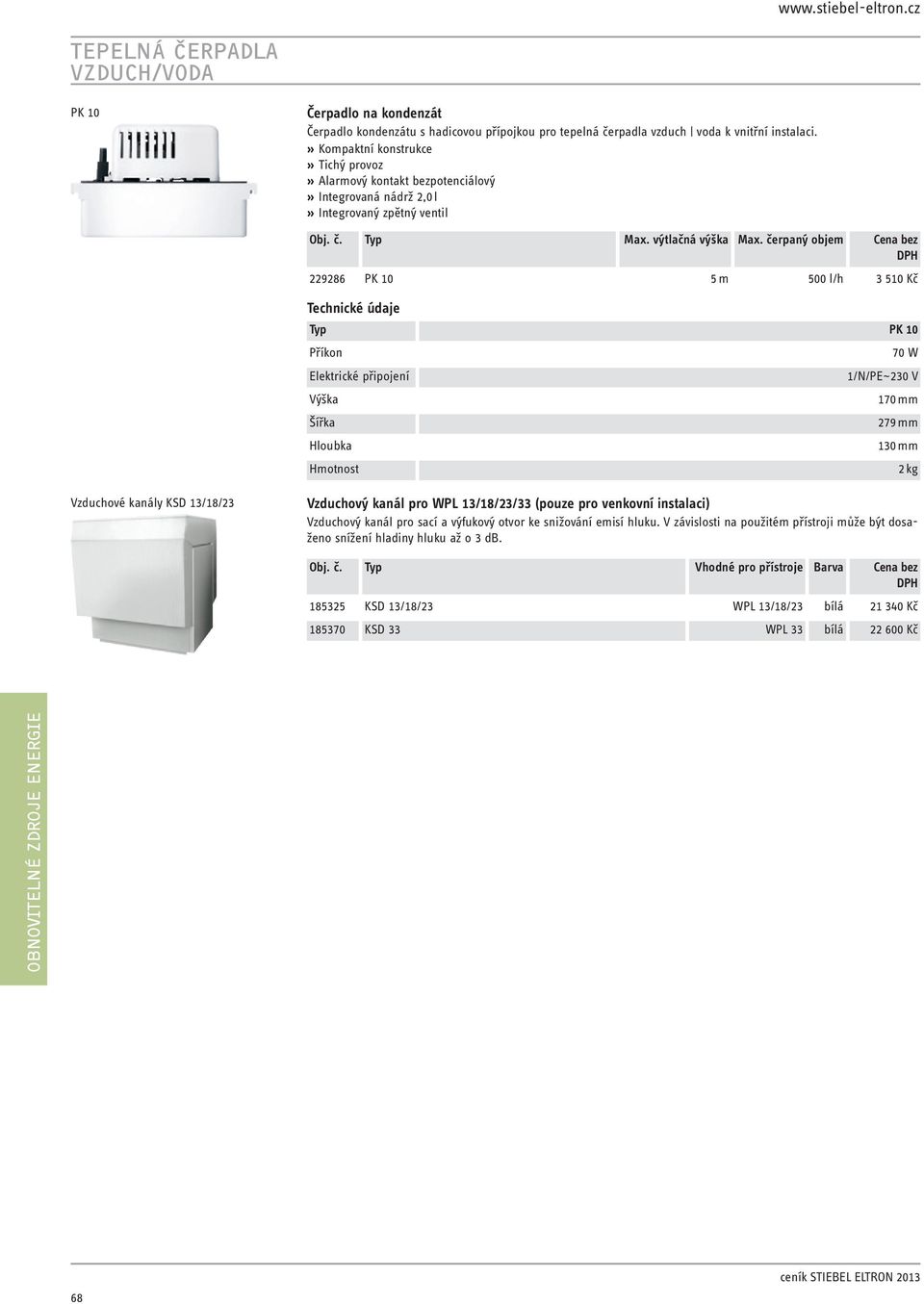 čerpaný objem Cena bez 229286 PK 10 5 m 500 l/h 3 510 Kč Typ PK 10 Příkon Elektrické připojení Výška Šířka Hloubka Hmotnost 70 W 1/N/PE~230 V 170 mm 279 mm 130 mm 2 kg Vzduchové kanály KSD 13/18/23