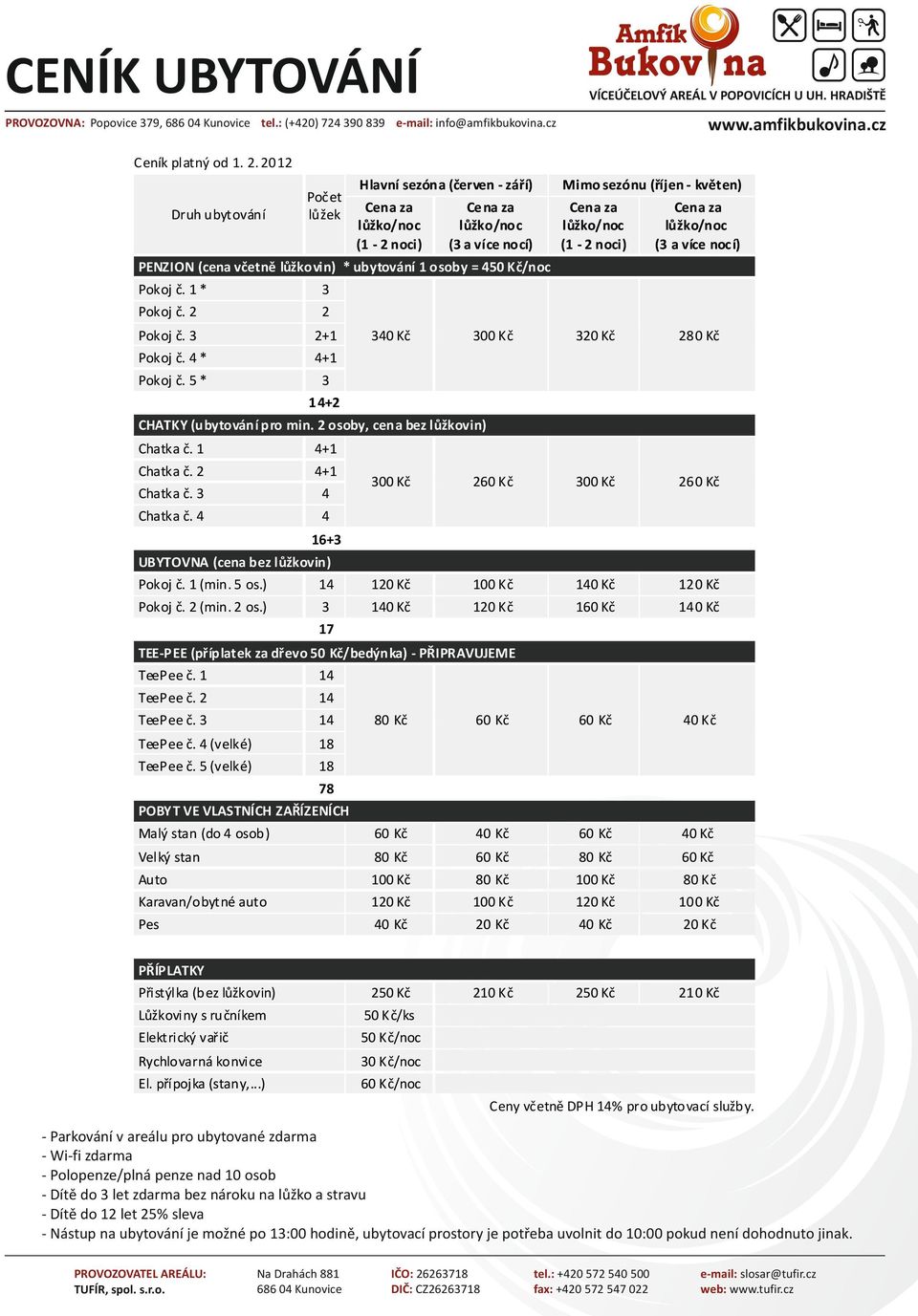 450 Kč/noc Pokoj č. 1 * 3 Pokoj č. 2 2 Pokoj č. 3 2+1 Pokoj č. 4 * Pokoj č. 5 * 4+1 3 3 300 Kč 320 Kč 2 +2 CHATKY (ubytování pro min. 2 osoby, cena bez lůžkovin) Chatka č. 1 4+1 Chatka č. 2 Chatka č.