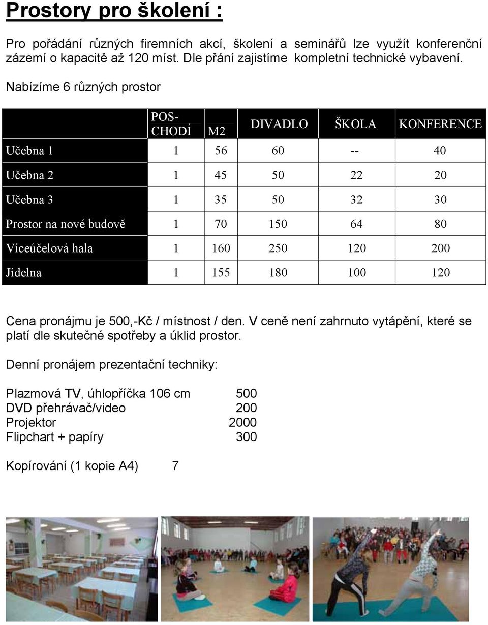 Nabízíme 6 různých prostor POS- DIVADLO ŠKOLA KONFERENCE CHODÍ M2 Učebna 1 1 56 60 -- 40 Učebna 2 1 45 50 22 20 Učebna 3 1 35 50 32 30 Prostor na nové budově 1 70 150 64 80