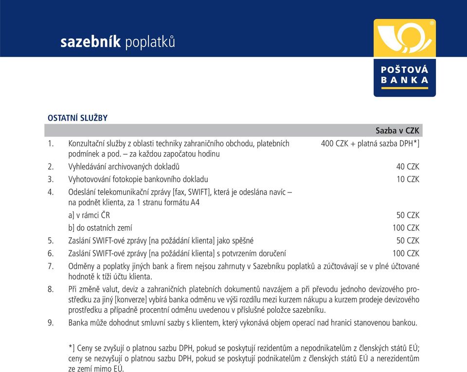 Odeslání telekomunikační zprávy [fax, SWIFT], která je odeslána navíc na podnět klienta, za 1 stranu formátu A4 a] v rámci ČR 50 CZK b] do ostatních zemí 100 CZK 5.