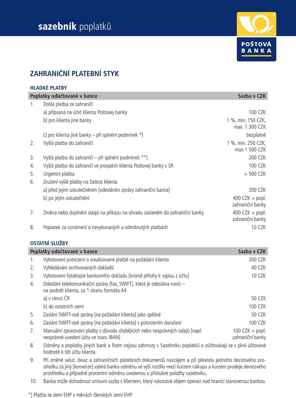 Vyšlá platba do zahraničí ve prospěch klienta Poštovej banky v SR 100 CZK 5. Urgentní platba + 500 CZK 6.