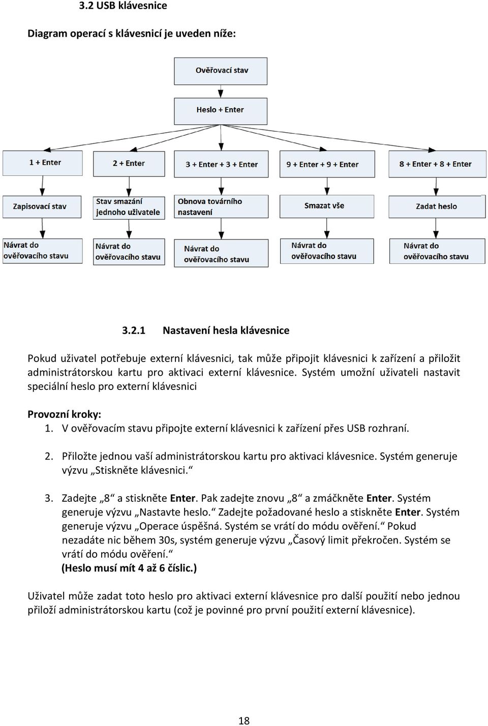 Přiložte jednou vaší administrátorskou kartu pro aktivaci klávesnice. Systém generuje výzvu Stiskněte klávesnici. 3. Zadejte 8 a stiskněte Enter. Pak zadejte znovu 8 a zmáčkněte Enter.