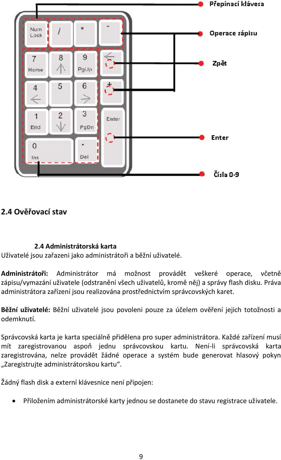 Práva administrátora zařízení jsou realizována prostřednictvím správcovských karet. Běžní uživatelé: Běžní uživatelé jsou povoleni pouze za účelem ověření jejich totožnosti a odemknutí.