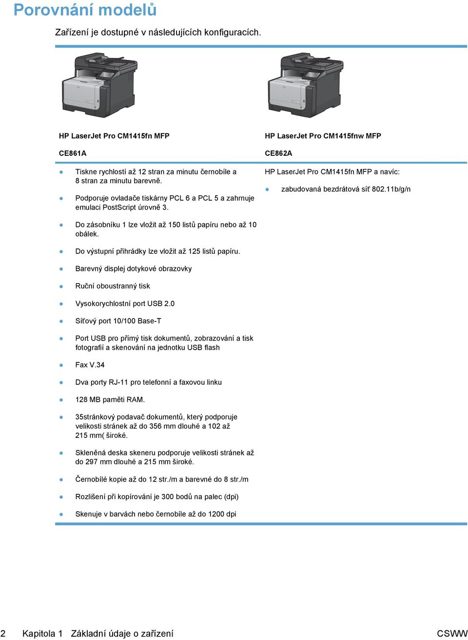 Podporuje ovladače tiskárny PCL 6 a PCL 5 a zahrnuje emulaci PostScript úrovně 3. HP LaserJet Pro CM1415fn MFP a navíc: zabudovaná bezdrátová síť 802.