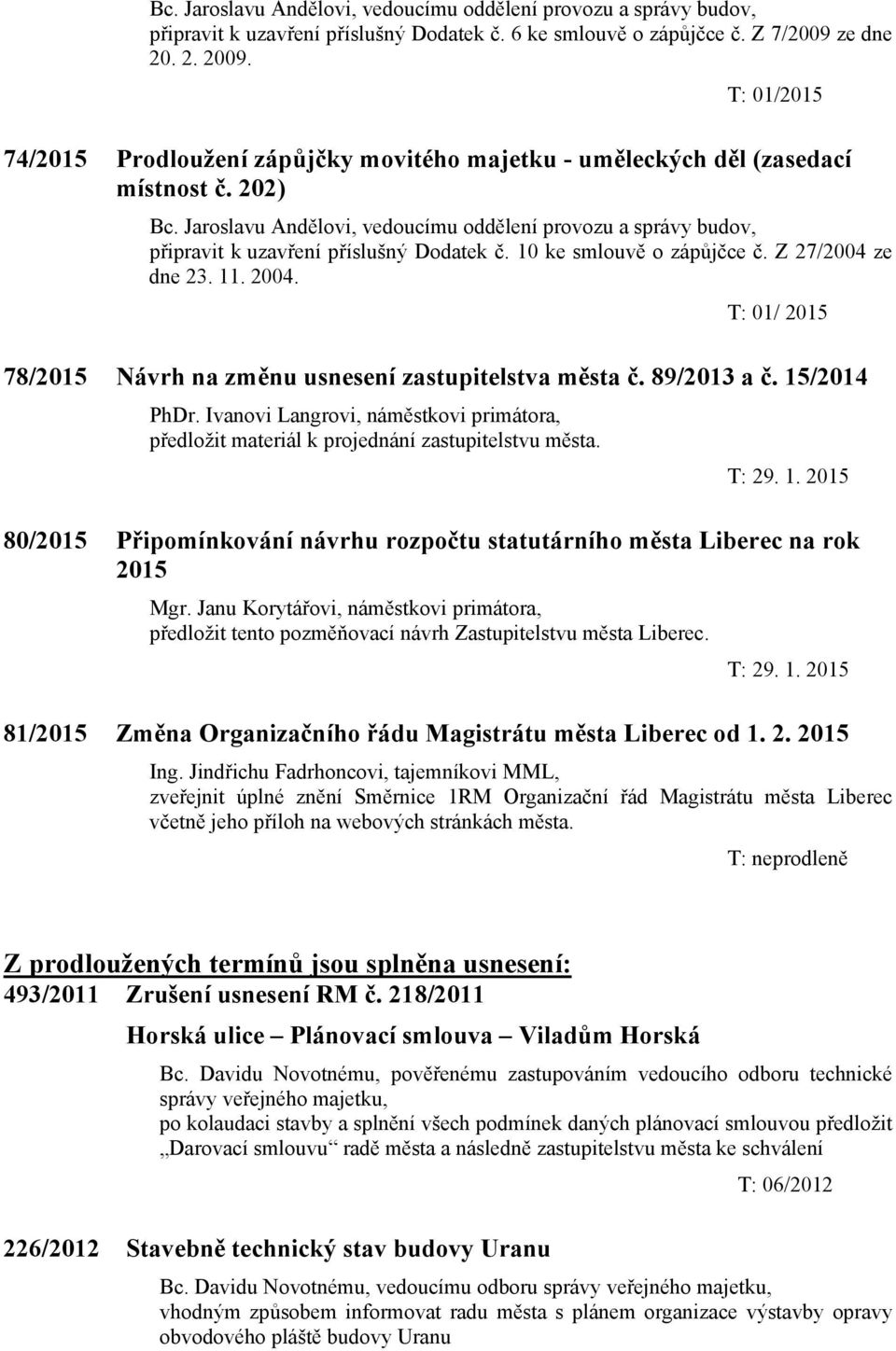 Jaroslavu Andělovi, vedoucímu oddělení provozu a správy budov, připravit k uzavření příslušný Dodatek č. 10 ke smlouvě o zápůjčce č. Z 27/2004 ze dne 23. 11. 2004.