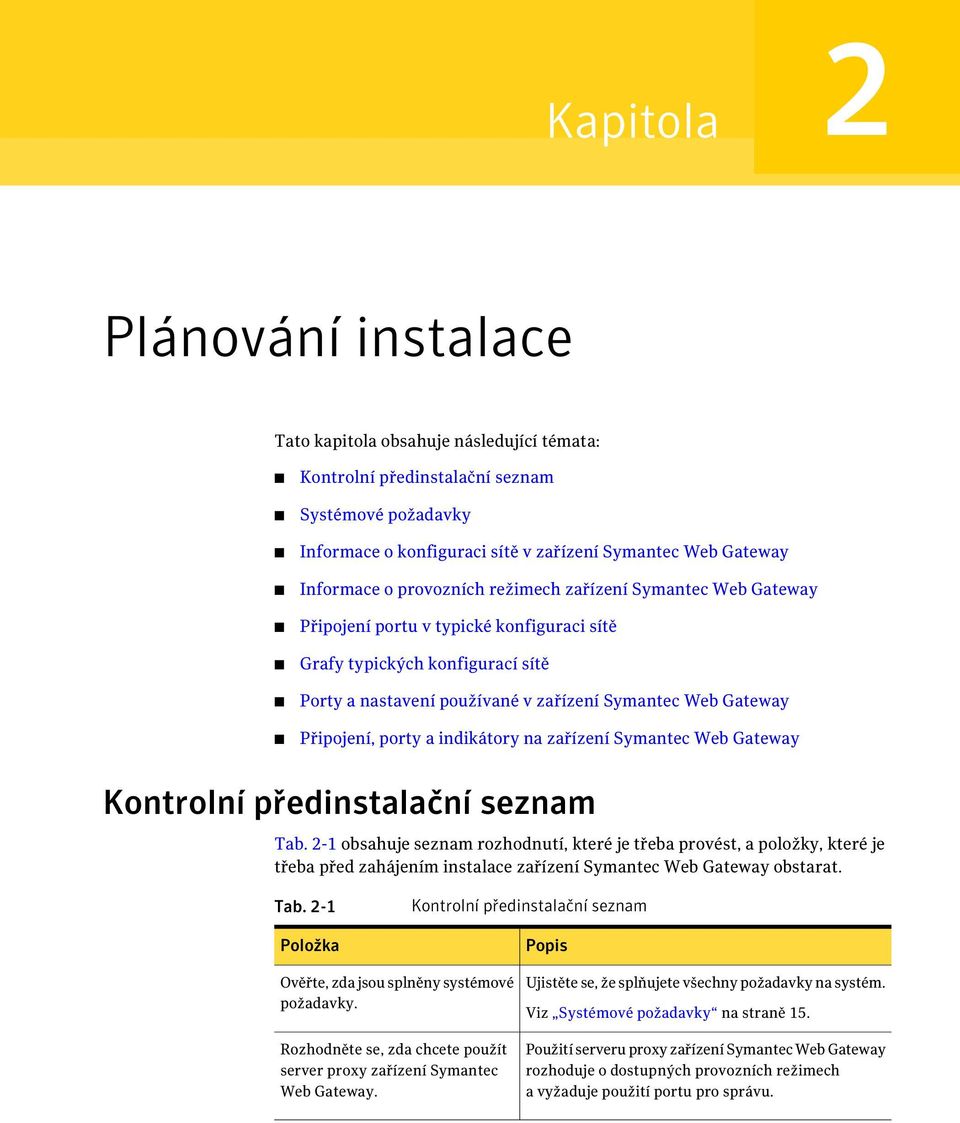 porty a indikátory na zařízení Symantec Web Gateway Kontrolní předinstalační seznam Tab.