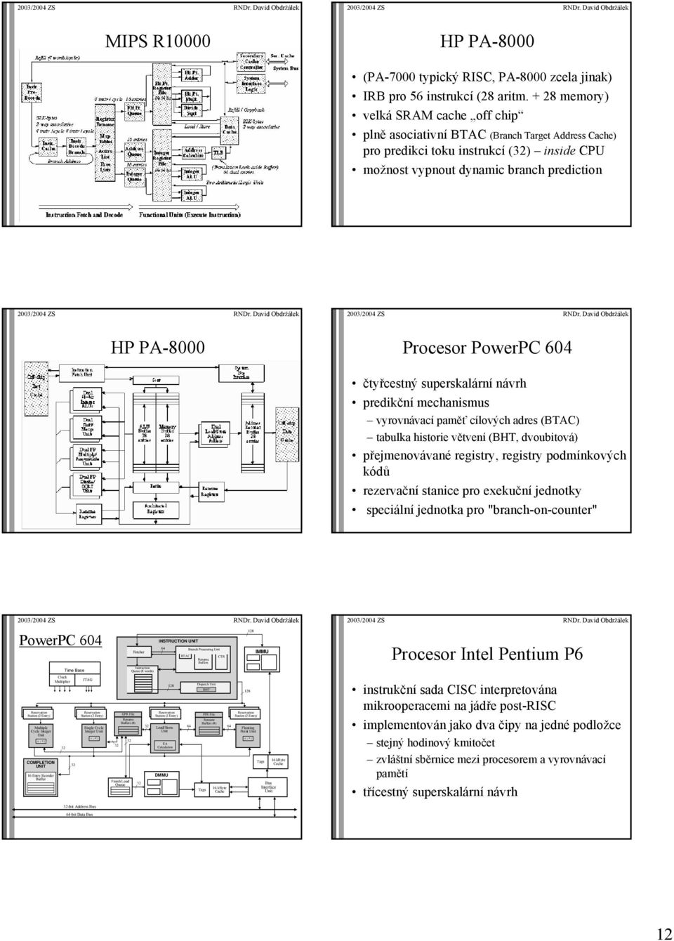 PowerPC 604 čtyřcestný superskalární návrh predikční mechanismus vyrovnávací paměť cílových adres (BTAC) tabulka historie větvení (BHT, dvoubitová) přejmenovávané registry, registry podmínkových kódů