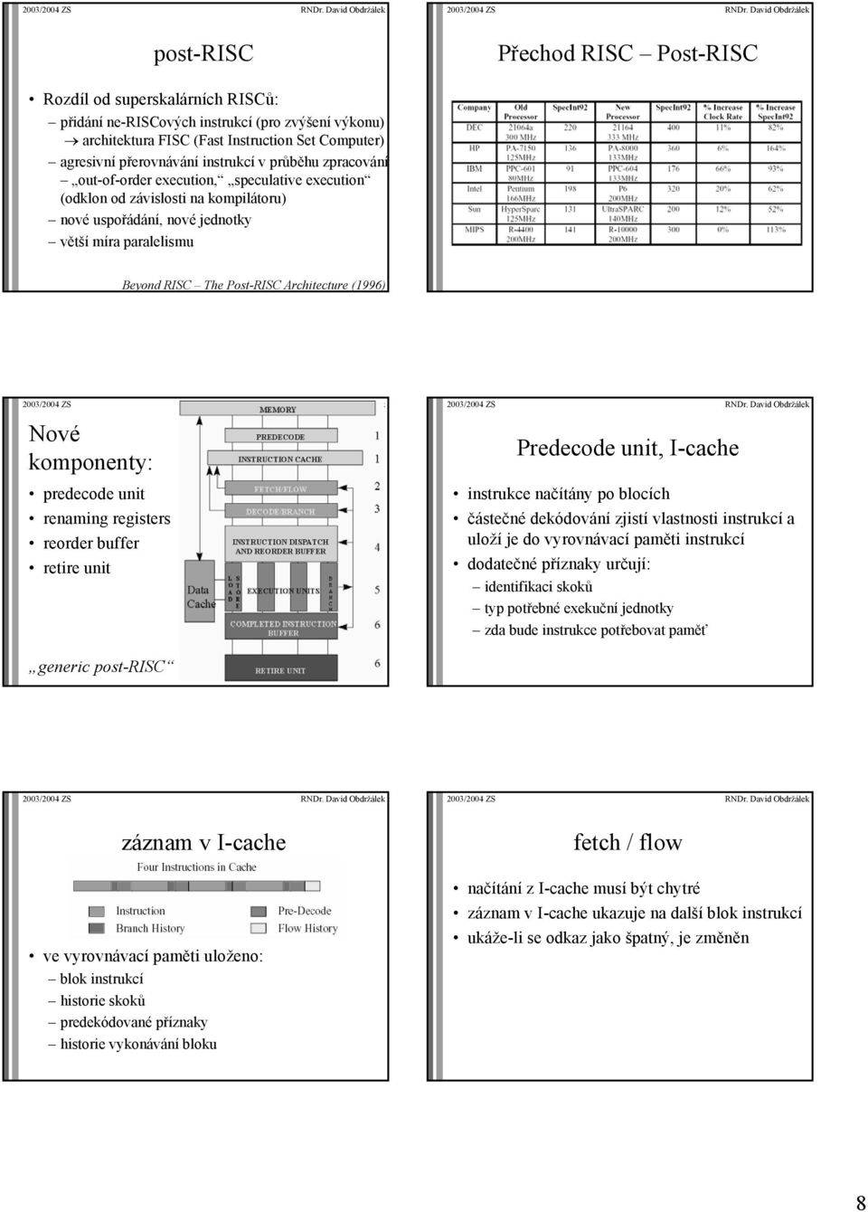 komponenty: predecode unit renaming registers reorder buffer retire unit Predecode unit, I-cache instrukce načítány po blocích částečné dekódování zjistí vlastnosti instrukcí a uloží je do