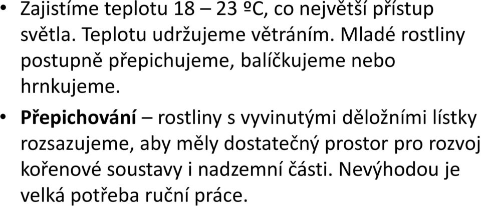 Přepichování rostliny s vyvinutými děložními lístky rozsazujeme, aby měly