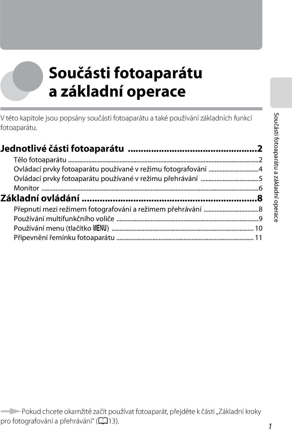 ..6 Základní ovládání...8 Přepnutí mezi režimem fotografování a režimem přehrávání...8 Používání multifunkčního voliče...9 Používání menu (tlačítko d).