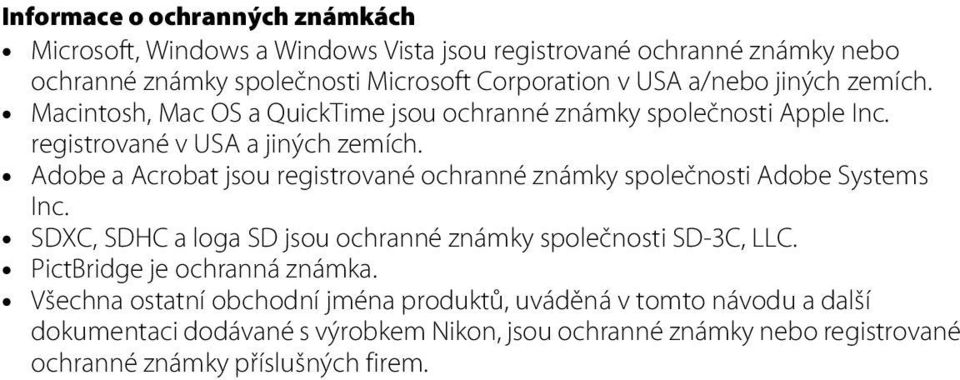 Adobe a Acrobat jsou registrované ochranné známky společnosti Adobe Systems Inc. SDXC, SDHC a loga SD jsou ochranné známky společnosti SD-3C, LLC.