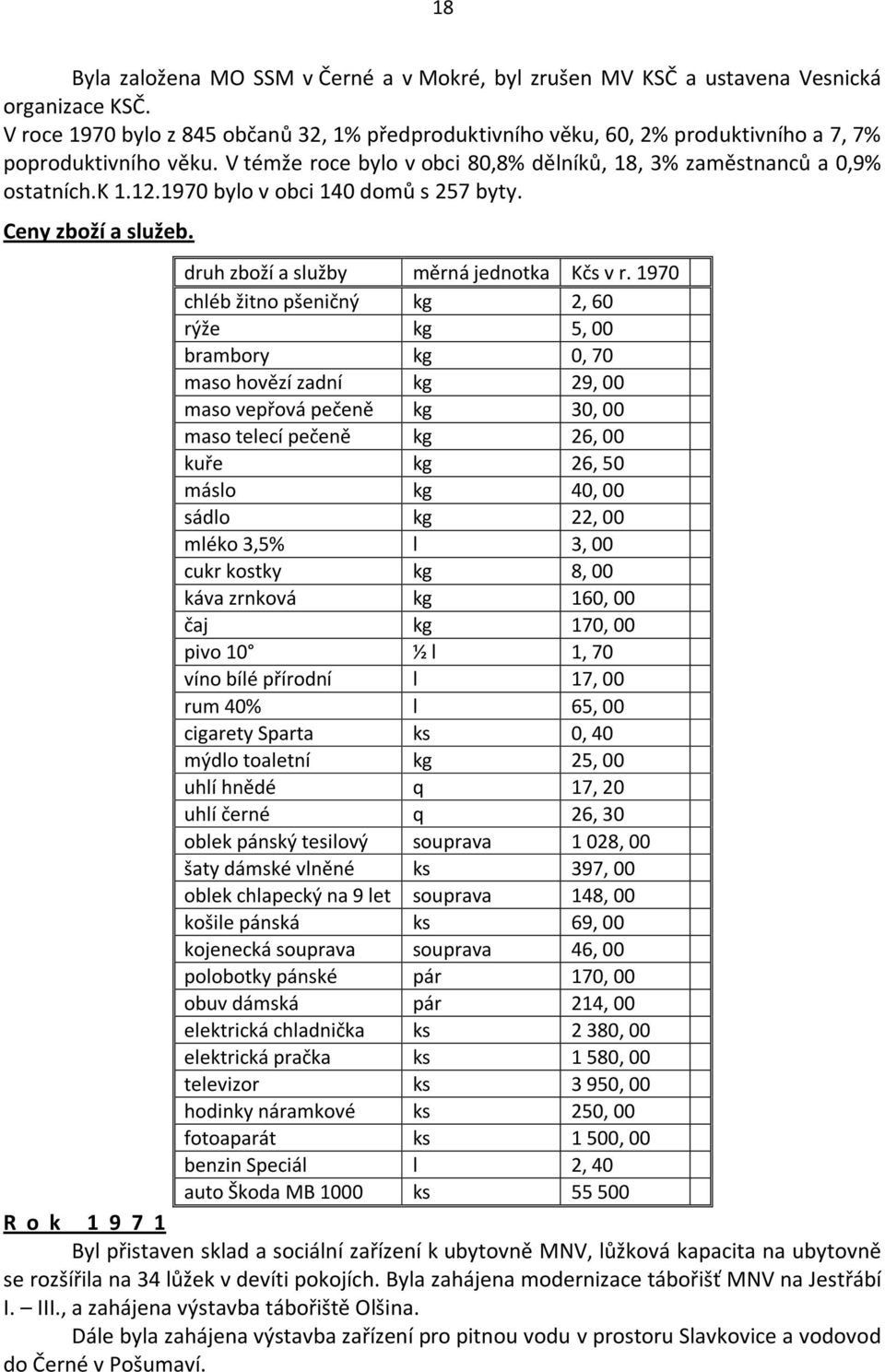 1970 bylo v obci 140 domů s 257 byty. Ceny zboží a služeb. druh zboží a služby měrná jednotka Kčs v r.